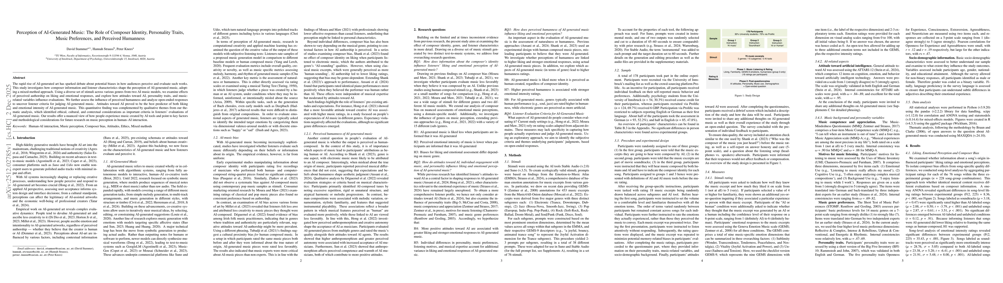 Thumbnail for Perception of AI-Generated Music - The Role of Composer Identity, Personality Traits, Music Preferences, and Perceived Humanness