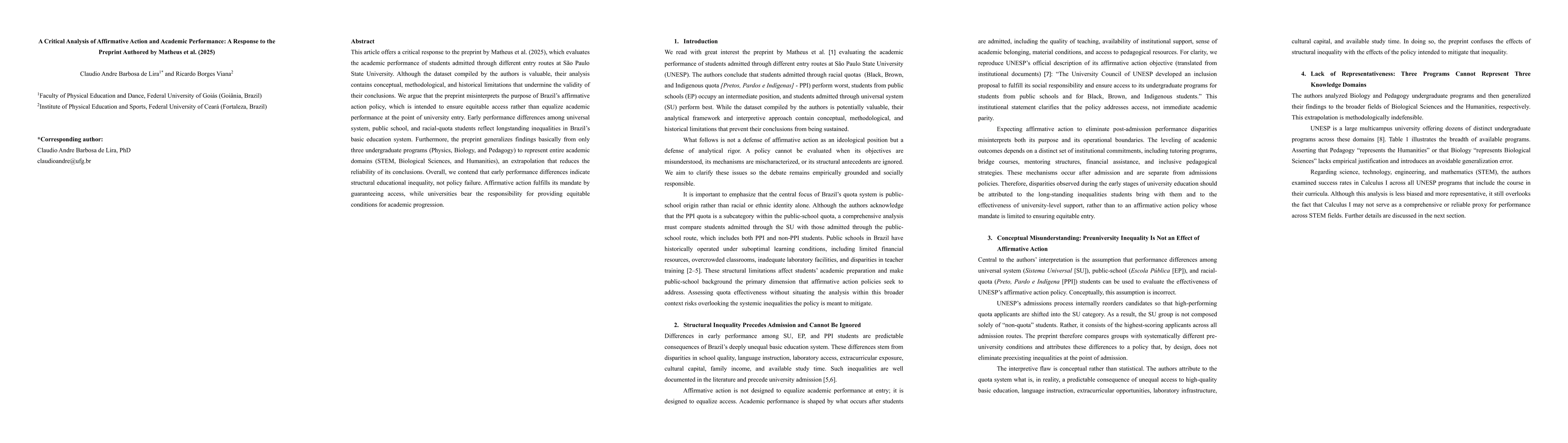 Thumbnail for A Critical Analysis of Affirmative Action and Academic Performance: A Response to the Preprint Authored by Matheus et al. (2025)