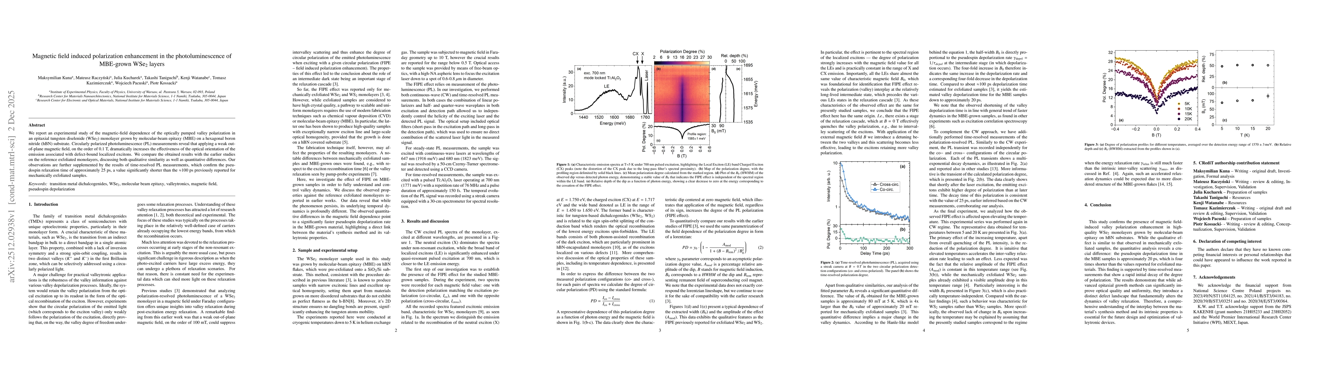 Thumbnail for Magnetic field induced polarization enhancement in the photoluminescence of MBE-grown WSe$_2$ layers