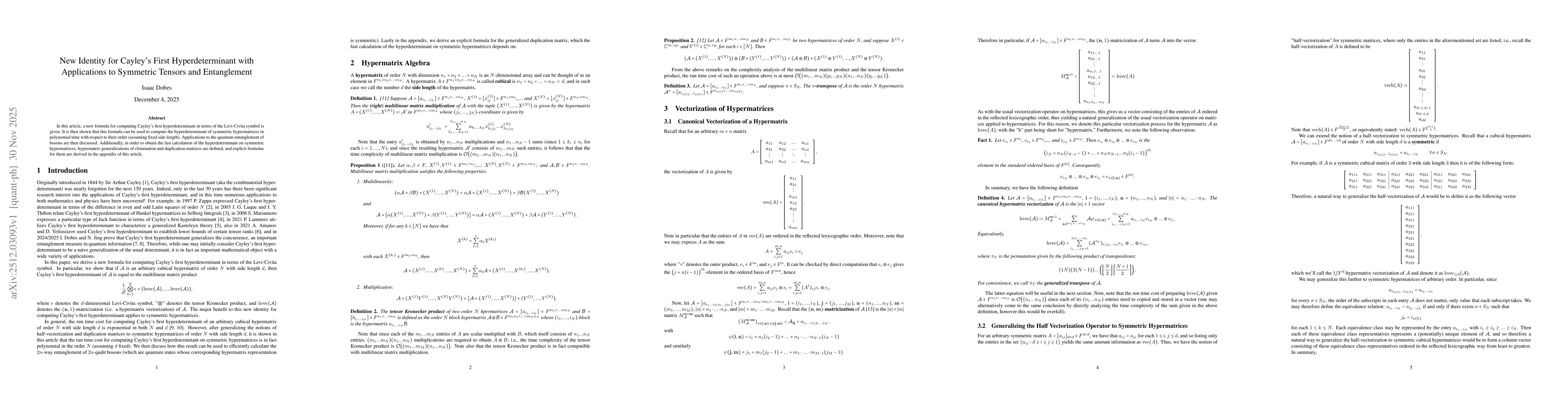 Thumbnail for New Identity for Cayley's First Hyperdeterminant with Applications to Symmetric Tensors and Entanglement