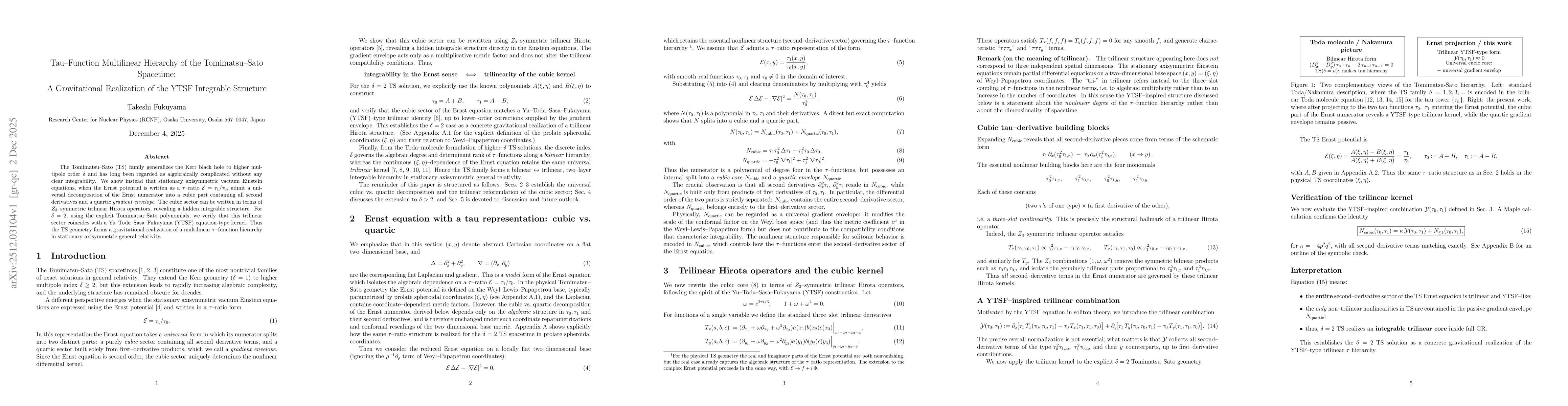 Thumbnail for Tau--Function Multilinear Hierarchy of the Tomimatsu--Sato Spacetime: A Gravitational Realization of the YTSF Integrable Structure