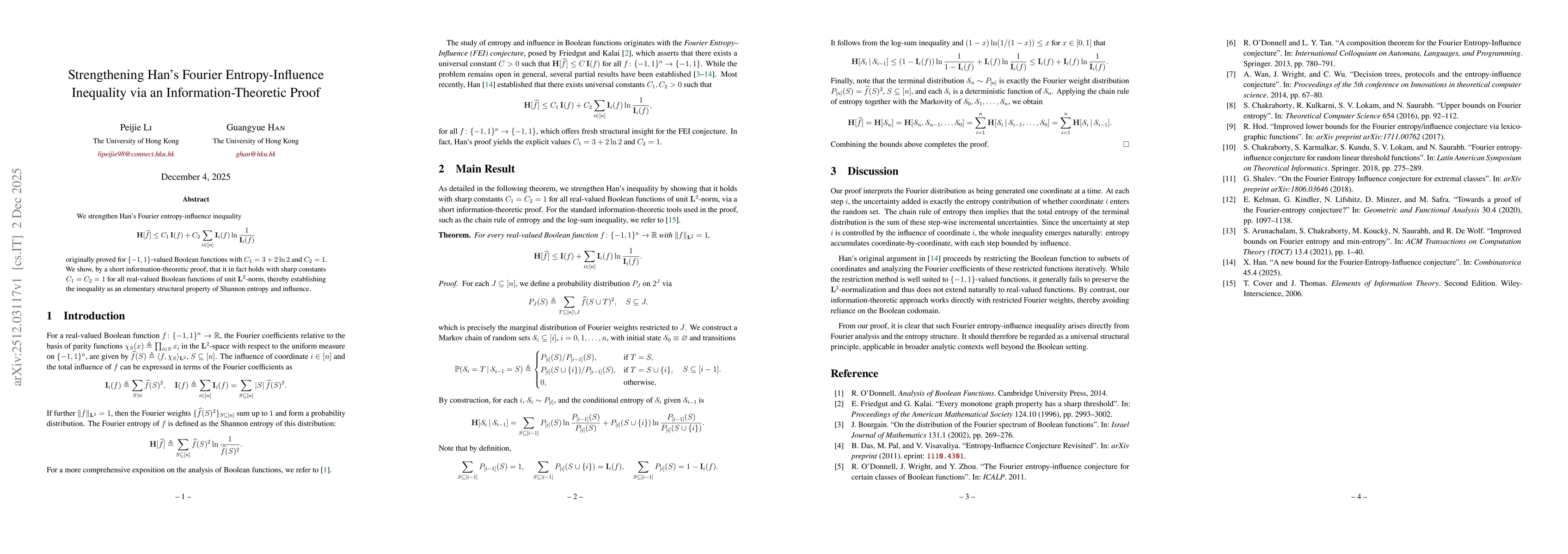 Thumbnail for Strengthening Han's Fourier Entropy-Influence Inequality via an Information-Theoretic Proof