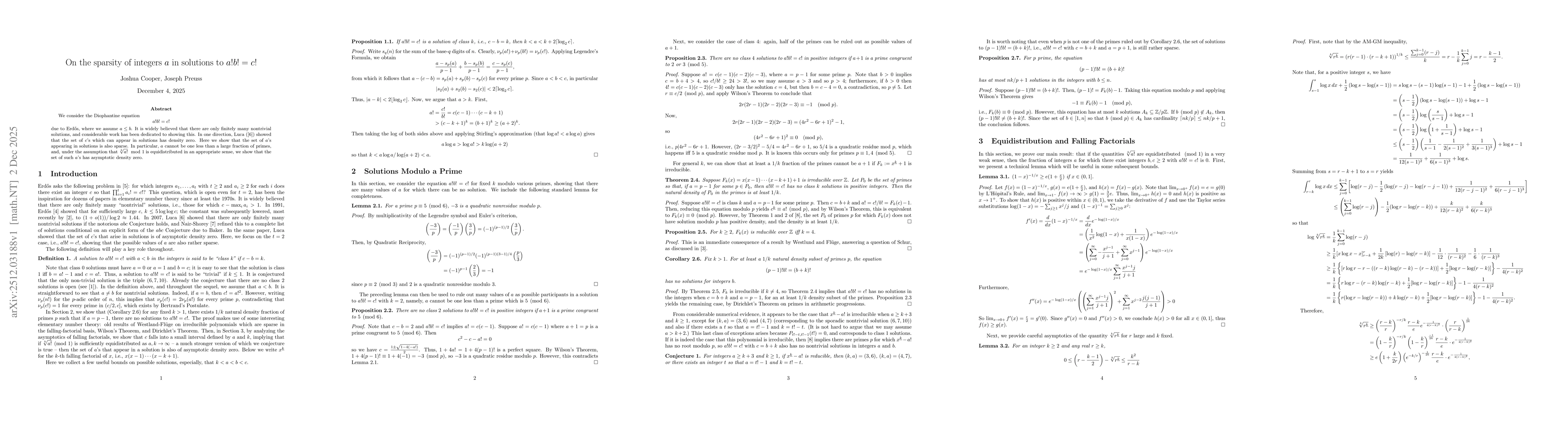Thumbnail for On the sparsity of integers $a$ in solutions to $a!b!=c!$