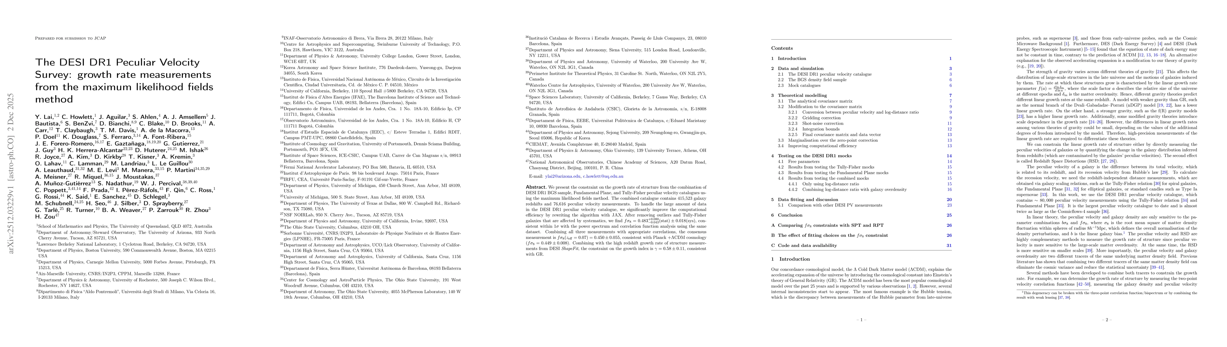 Thumbnail for The DESI DR1 Peculiar Velocity Survey: growth rate measurements from the maximum likelihood fields method