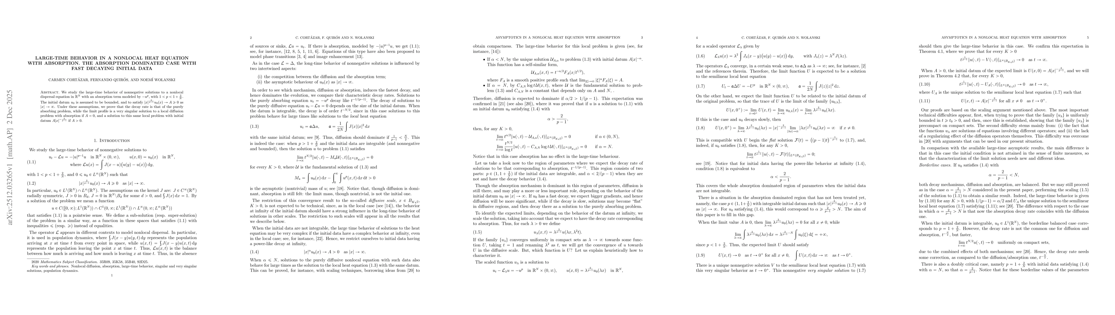 Thumbnail for Large-time behavior in a nonlocal heat equation with absorption. The absorption dominated case with fast decaying initial data