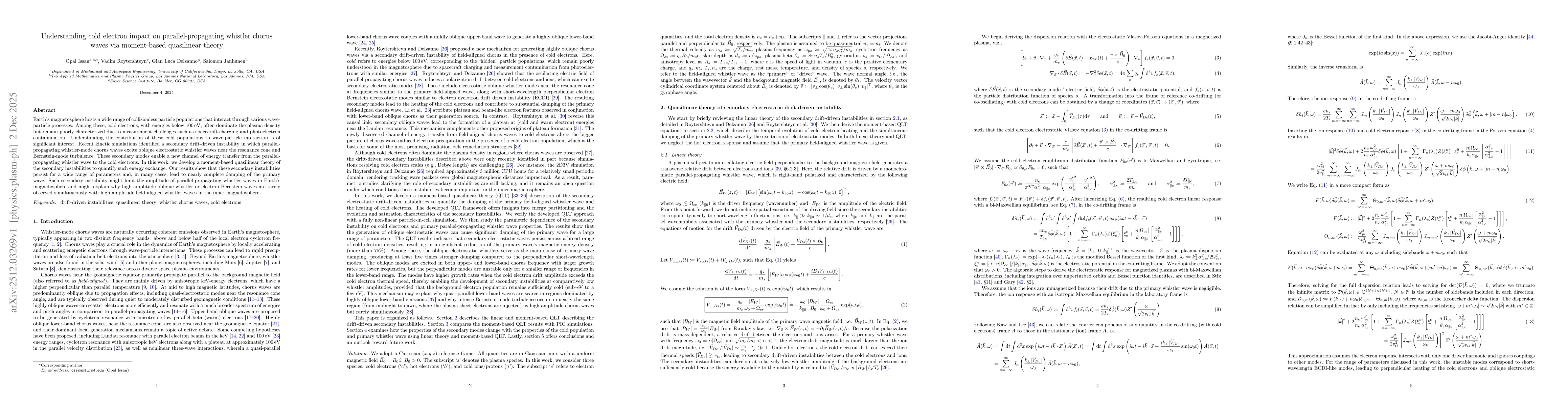 Thumbnail for Understanding cold electron impact on parallel-propagating whistler chorus waves via moment-based quasilinear theory