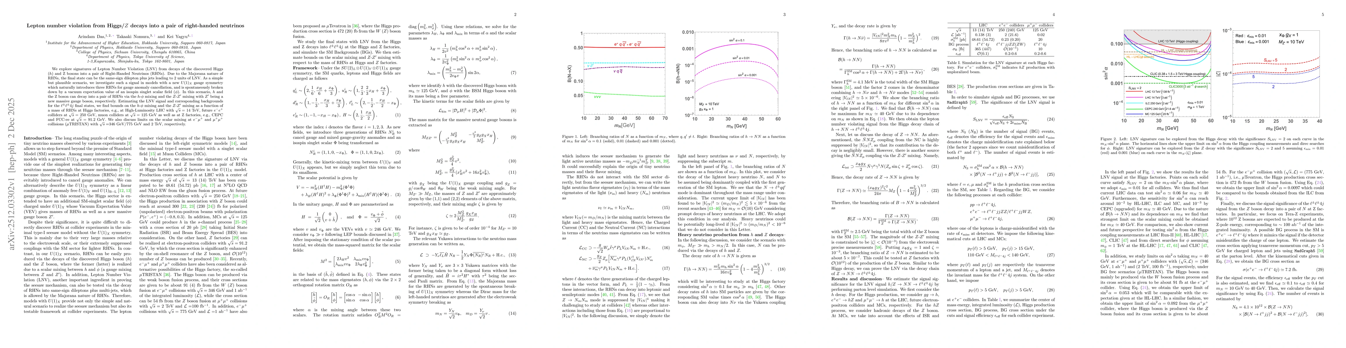 Thumbnail for Lepton number violation from Higgs/$Z$ decays into a pair of right-handed neutrinos