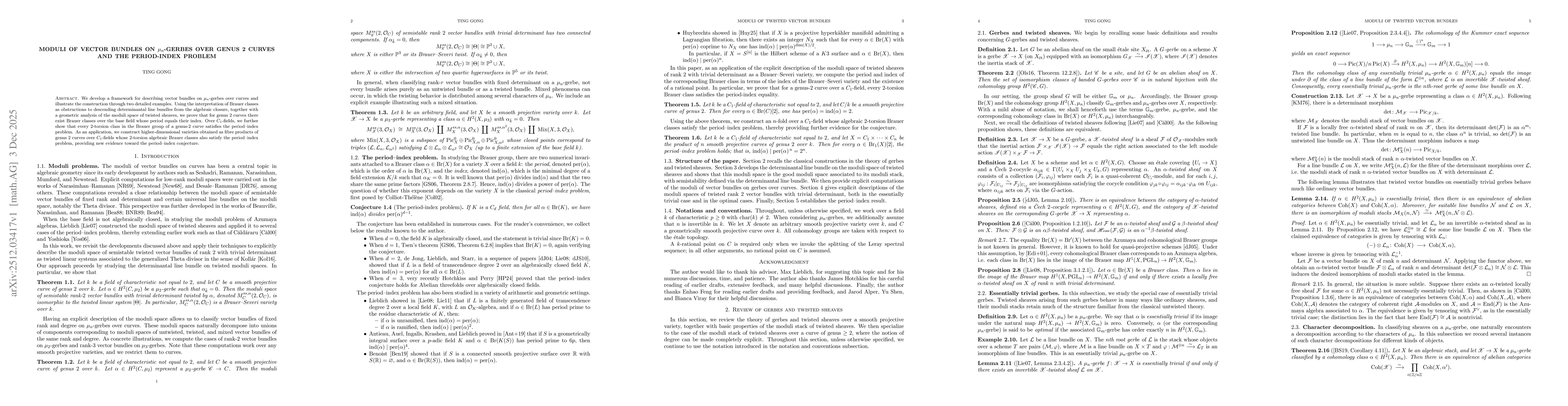 Thumbnail for Moduli of vector bundles on $μ_n$-gerbes over genus 2 curves and the period-index problem