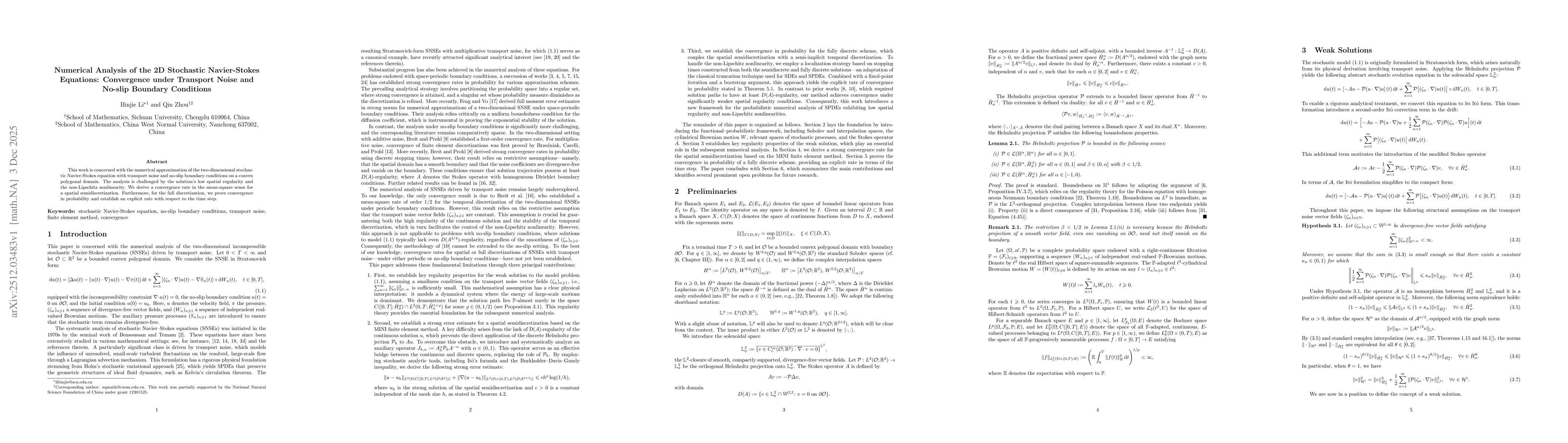 Thumbnail for Numerical Analysis of the 2D Stochastic Navier-Stokes Equations: Convergence under Transport Noise and No-slip Boundary Conditions