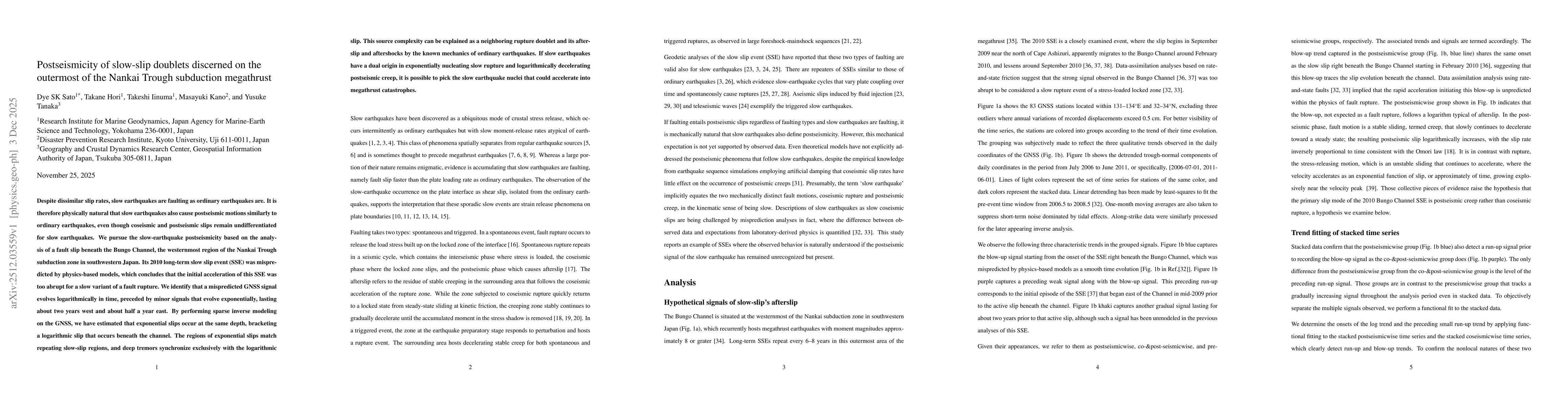 Thumbnail for Postseismicity of slow-slip doublets discerned on the outermost of the Nankai Trough subduction megathrust