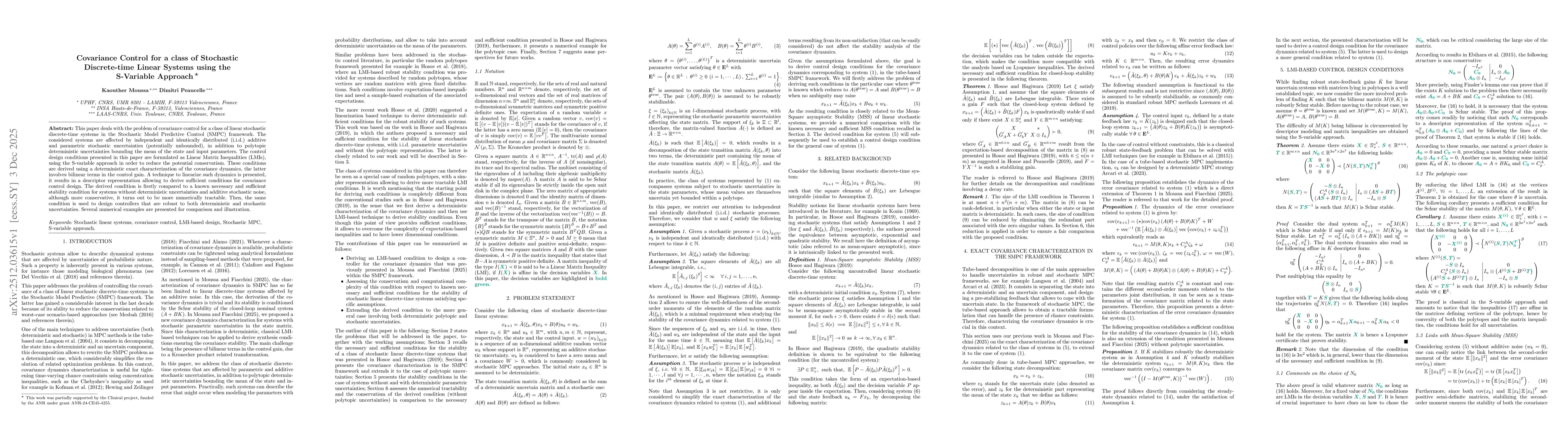 Thumbnail for Covariance Control for a class of Stochastic Discrete-time Linear Systems using the S-Variable Approach