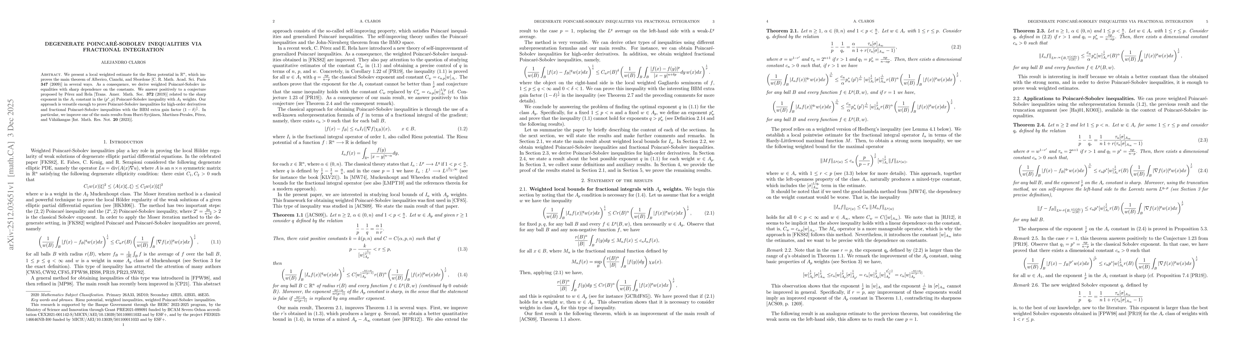 Thumbnail for Degenerate Poincaré-Sobolev inequalities via fractional integration