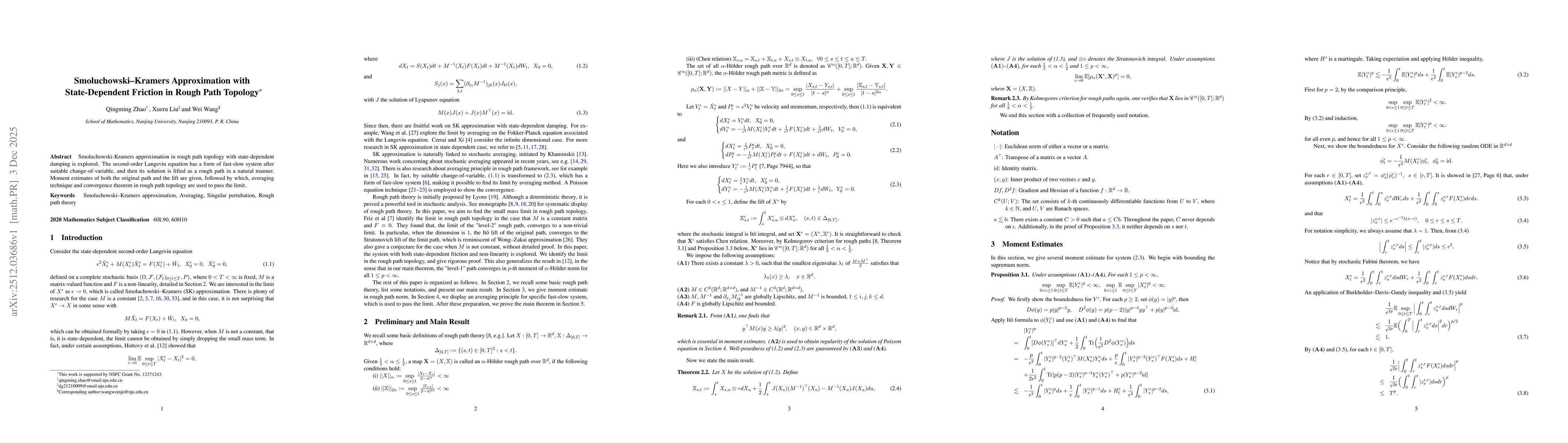 Thumbnail for Smoluchowski--Kramers Approximation with State-Dependent Friction in Rough Path Topology