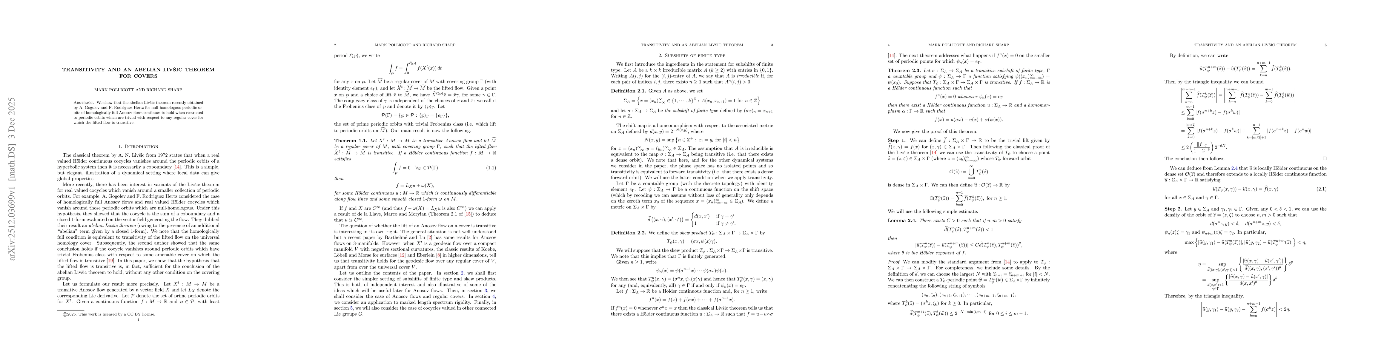 Thumbnail for Transitivity and an abelian Livsic theorem for covers