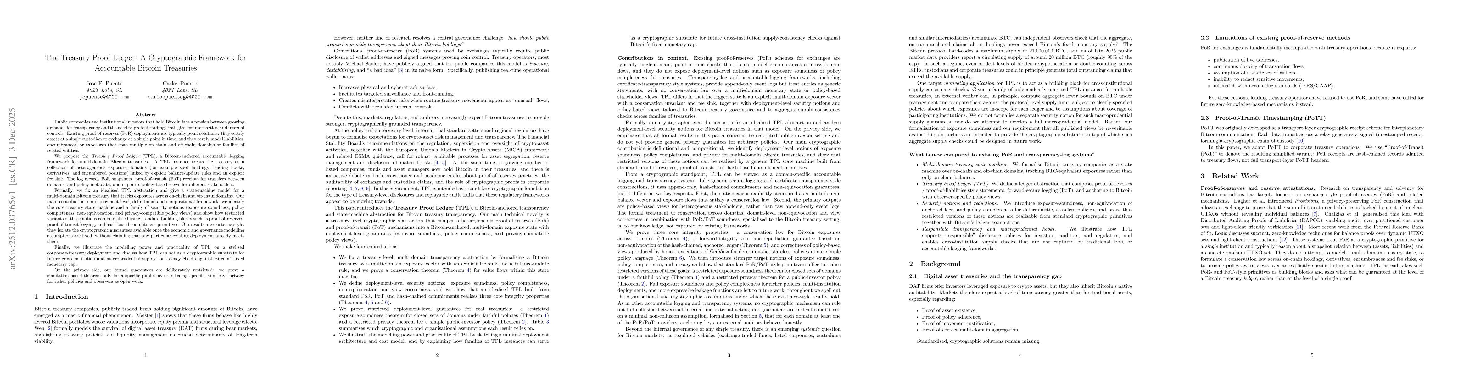 Thumbnail for The Treasury Proof Ledger: A Cryptographic Framework for Accountable Bitcoin Treasuries