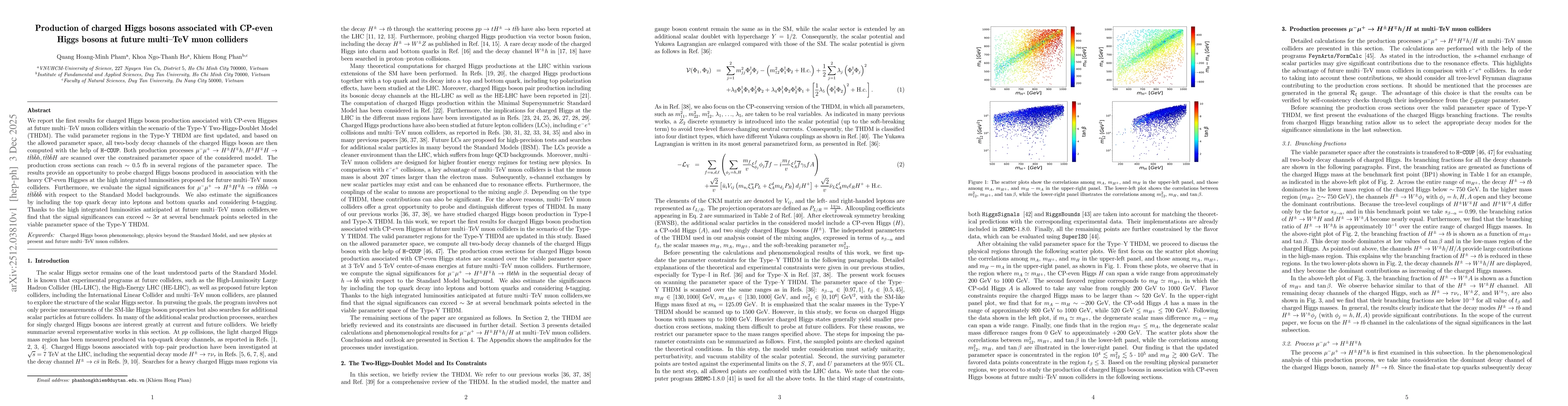 Thumbnail for Production of charged Higgs bosons associated with CP-even Higgs bosons at future multi--TeV muon colliders