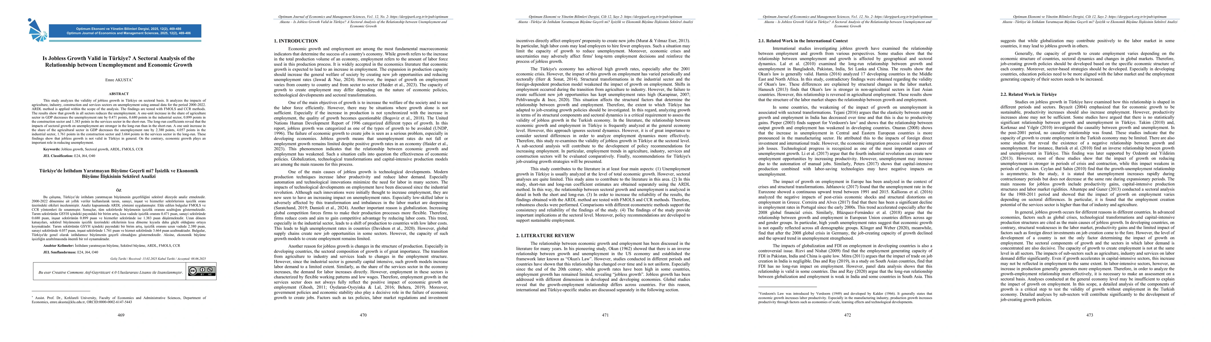 Thumbnail for Is Jobless Growth Valid in Turkiye? A Sectoral Analysis of the Relationship between Unemployment and Economic Growth