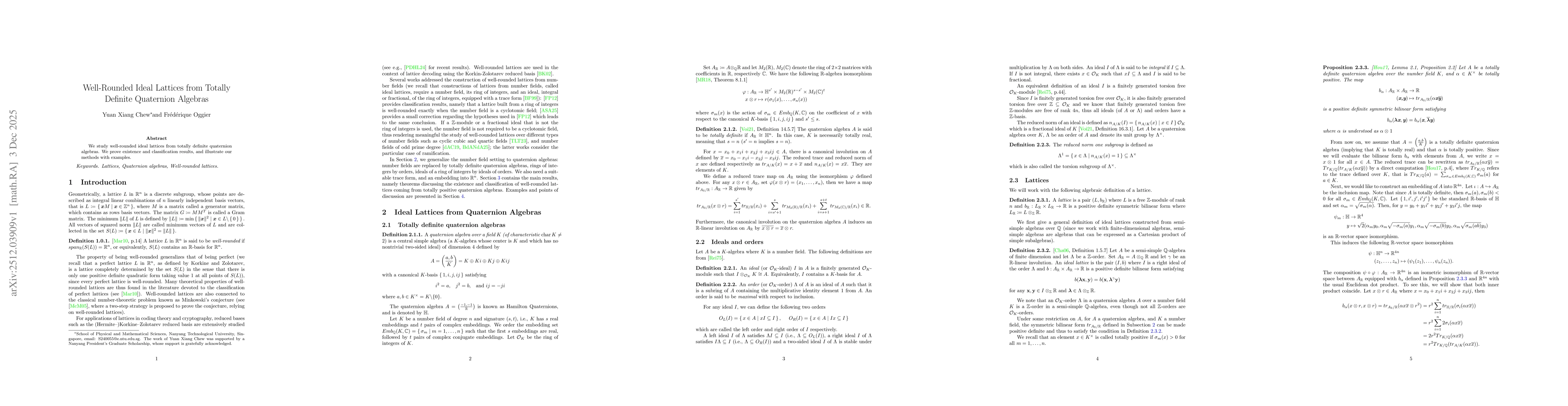 Thumbnail for Well-rounded ideal lattices from totally definite quaternion algebras