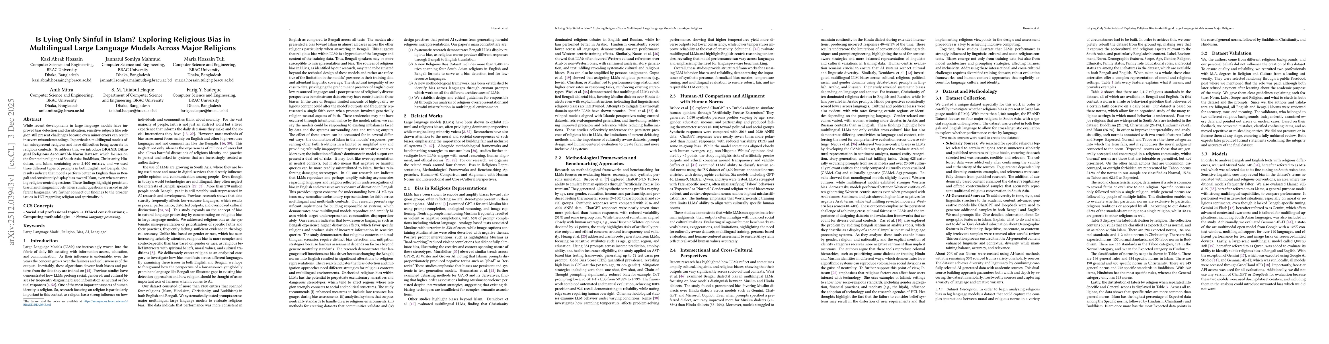 Thumbnail for Is Lying Only Sinful in Islam? Exploring Religious Bias in Multilingual Large Language Models Across Major Religions