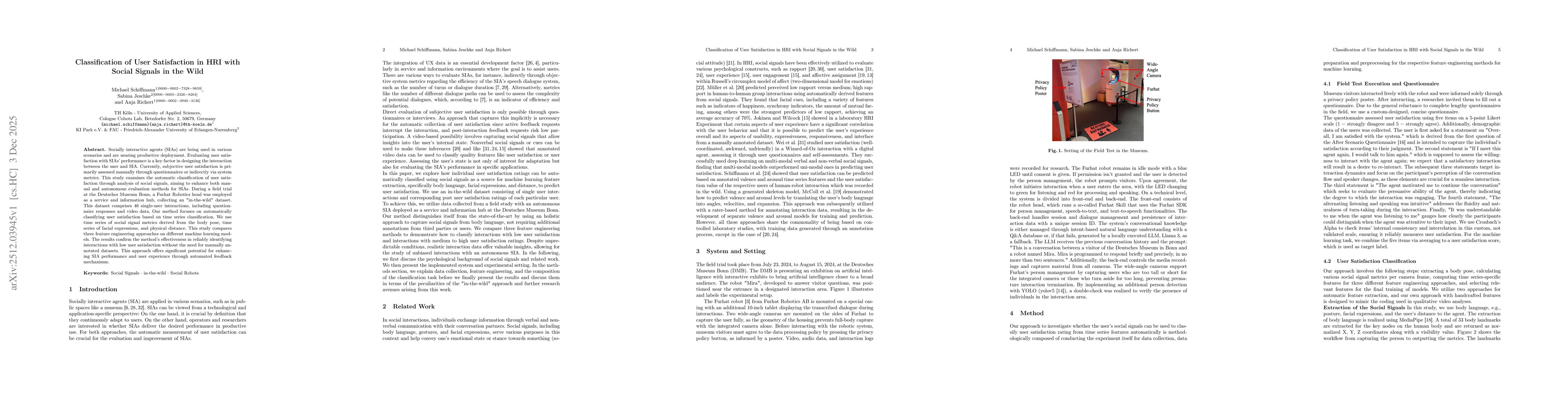 Thumbnail for Classification of User Satisfaction in HRI with Social Signals in the Wild