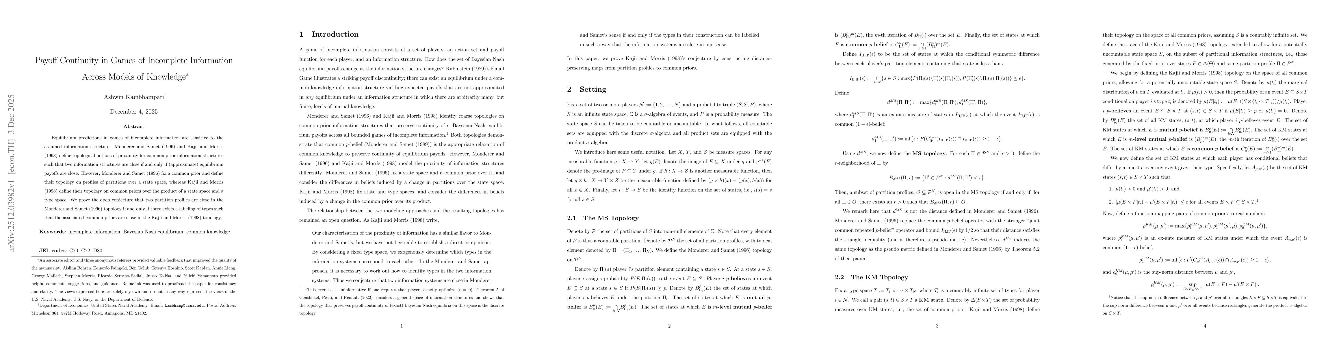 Thumbnail for Payoff Continuity in Games of Incomplete Information Across Models of Knowledge