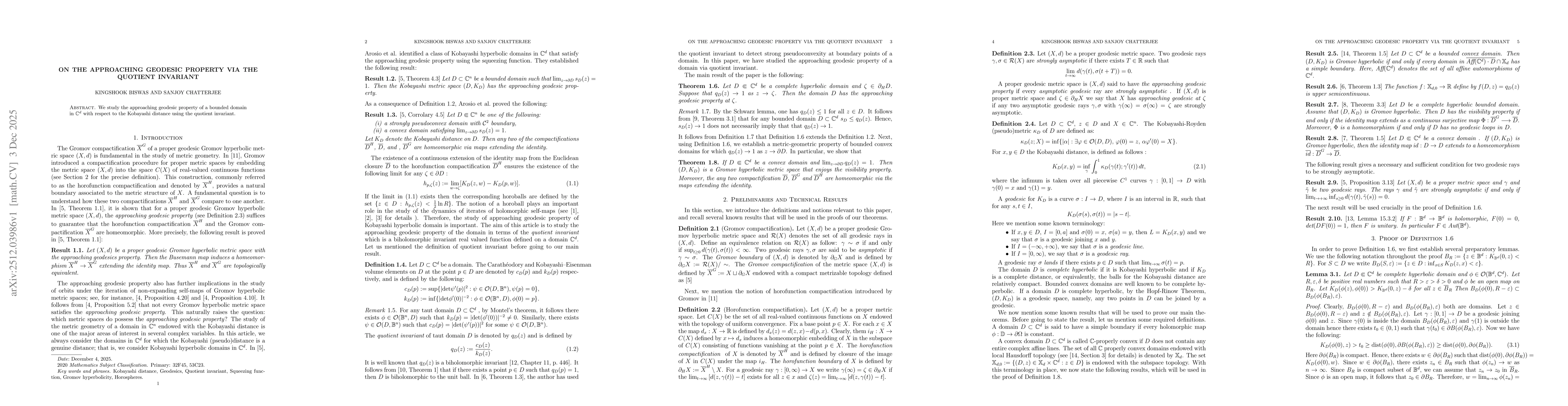 Thumbnail for On the Approaching Geodesic Property via the Quotient Invariant