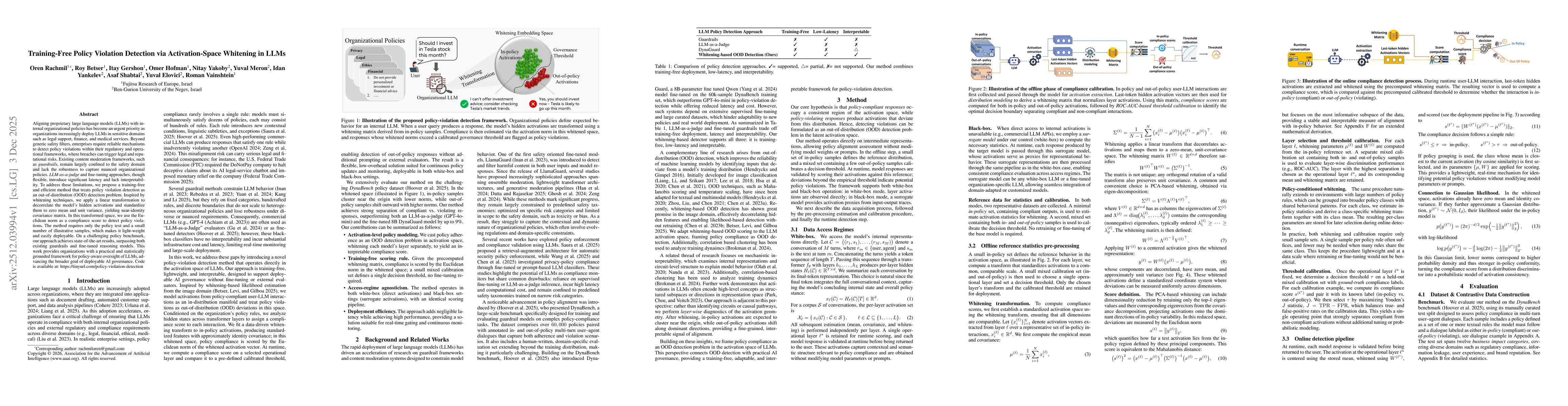 Thumbnail for Training-Free Policy Violation Detection via Activation-Space Whitening in LLMs