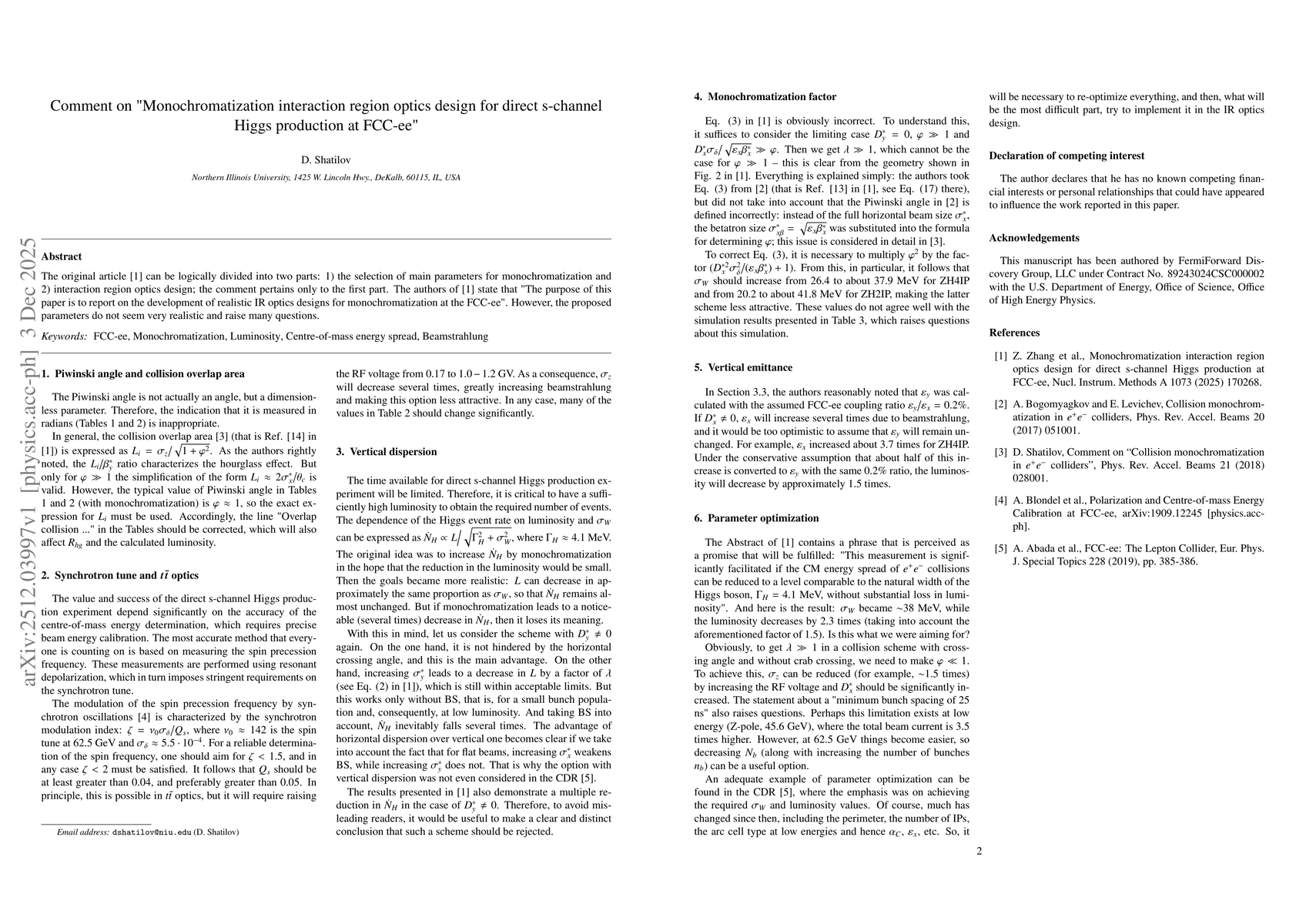 Thumbnail for Comment on "Monochromatization interaction region optics design for direct s-channel Higgs production at FCC-ee"