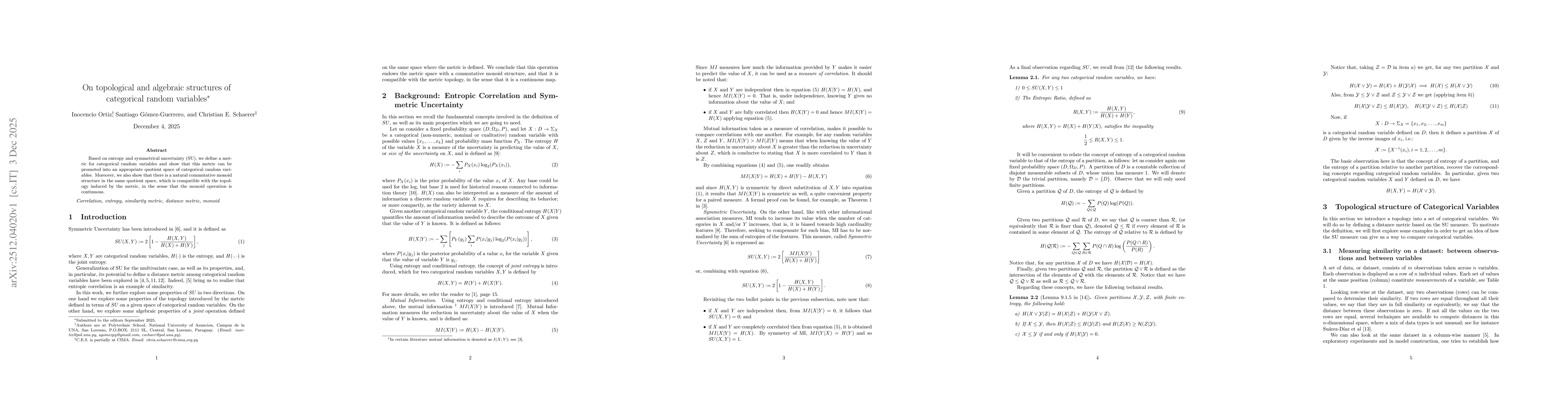 Thumbnail for On topological and algebraic structures of categorical random variables