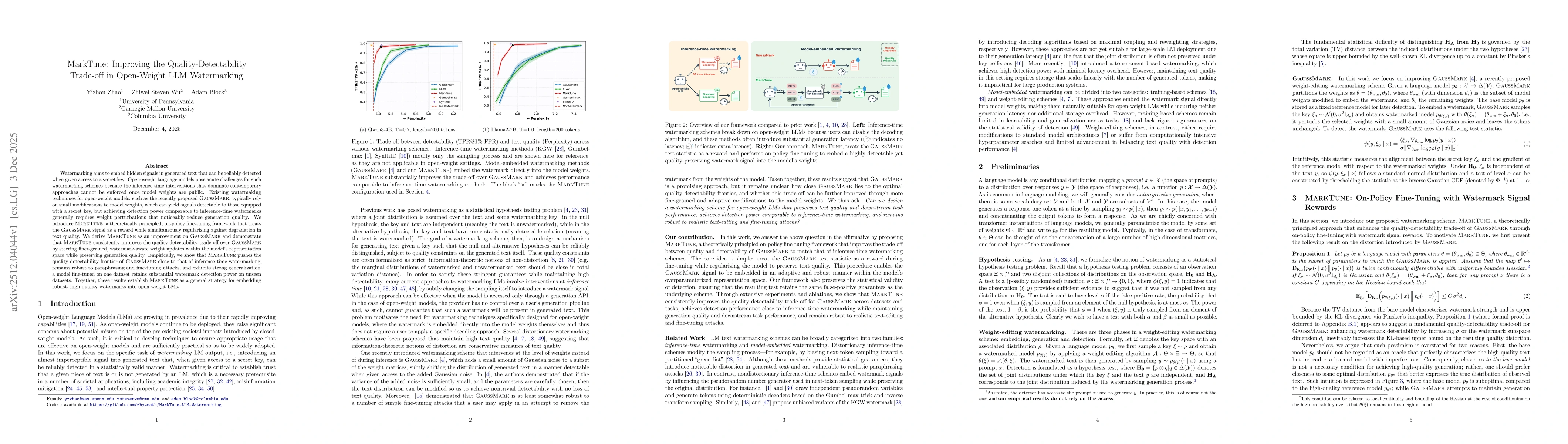 Thumbnail for MarkTune: Improving the Quality-Detectability Trade-off in Open-Weight LLM Watermarking
