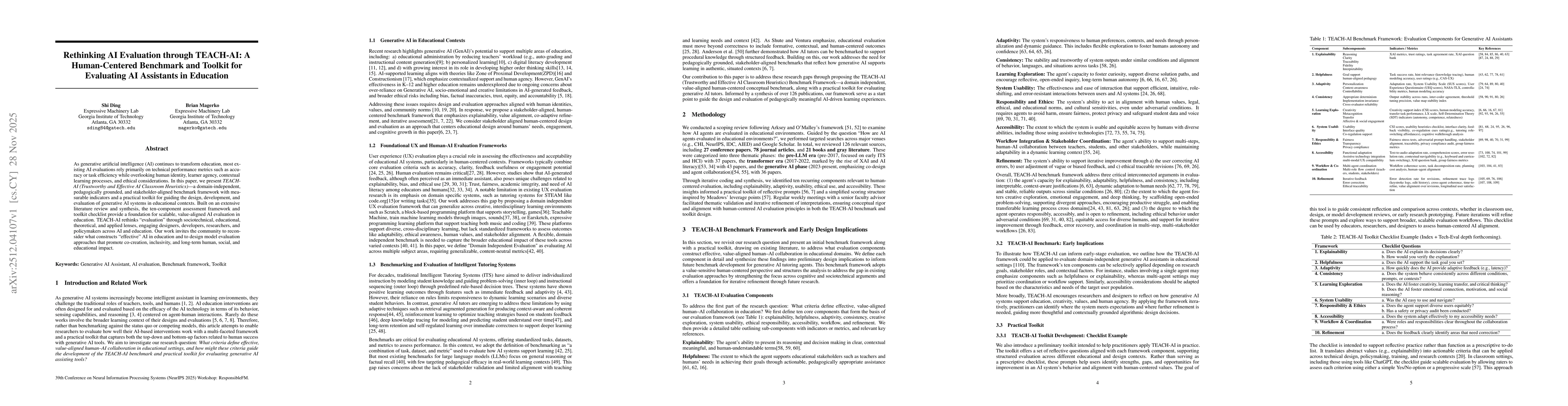 Thumbnail for Rethinking AI Evaluation in Education: The TEACH-AI Framework and Benchmark for Generative AI Assistants