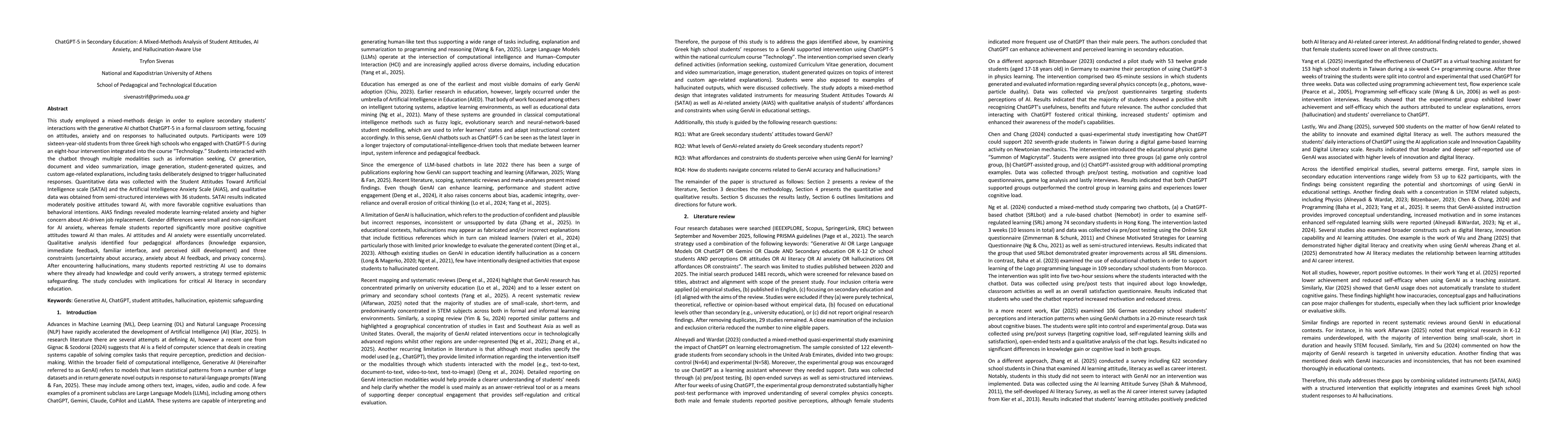 Thumbnail for ChatGPT-5 in Secondary Education: A Mixed-Methods Analysis of Student Attitudes, AI Anxiety, and Hallucination-Aware Use