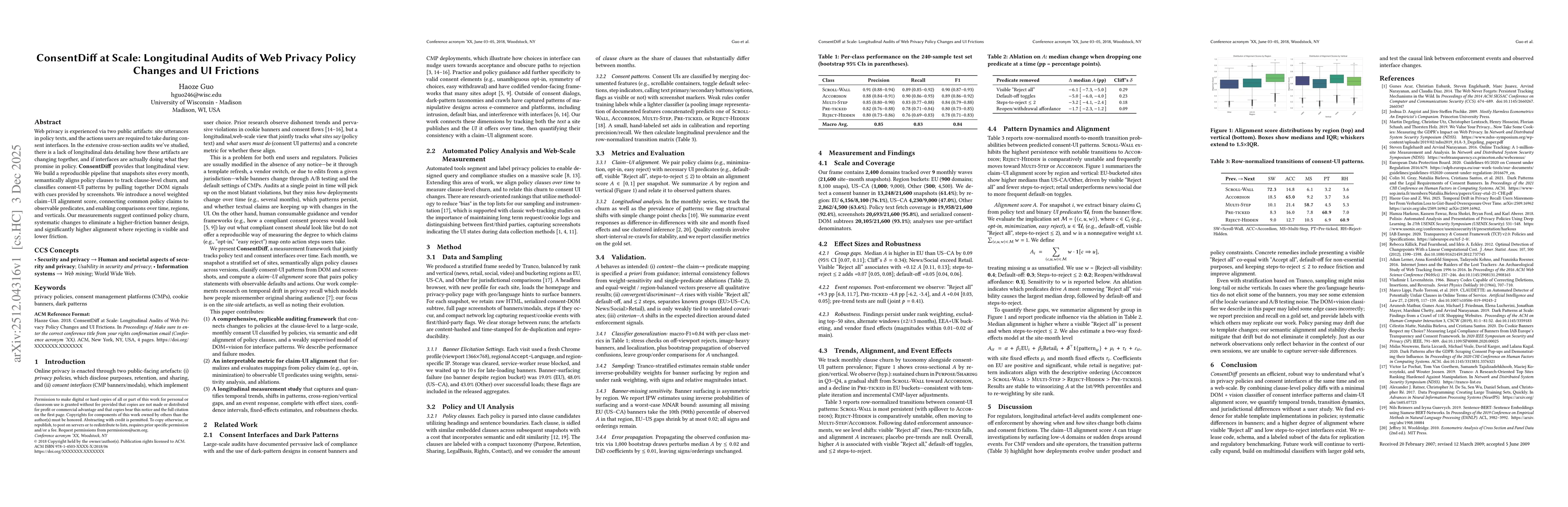 Thumbnail for ConsentDiff at Scale: Longitudinal Audits of Web Privacy Policy Changes and UI Frictions