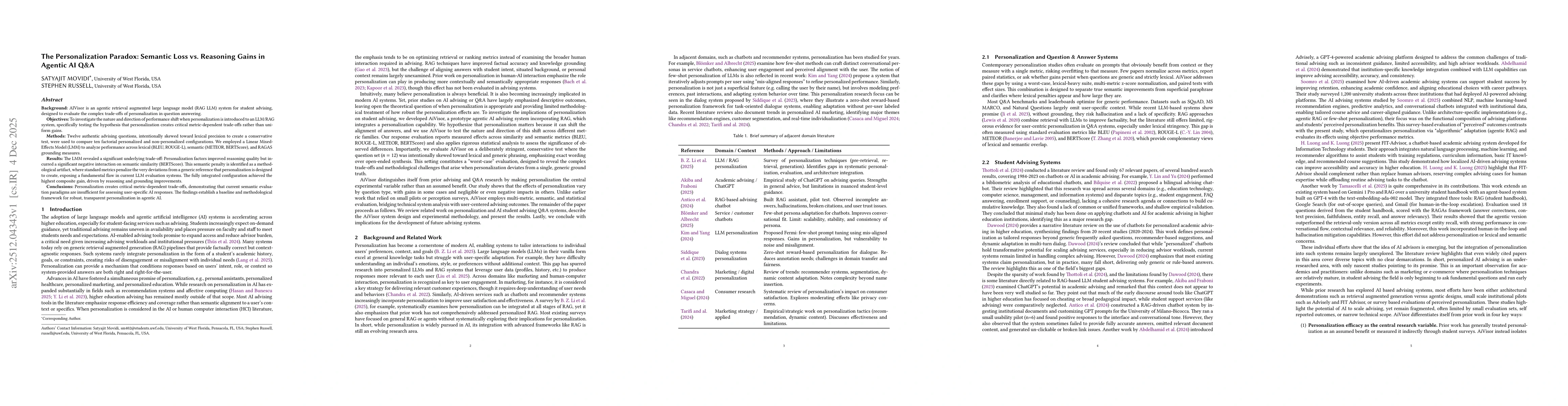 Thumbnail for The Personalization Paradox: Semantic Loss vs. Reasoning Gains in Agentic AI Q&A