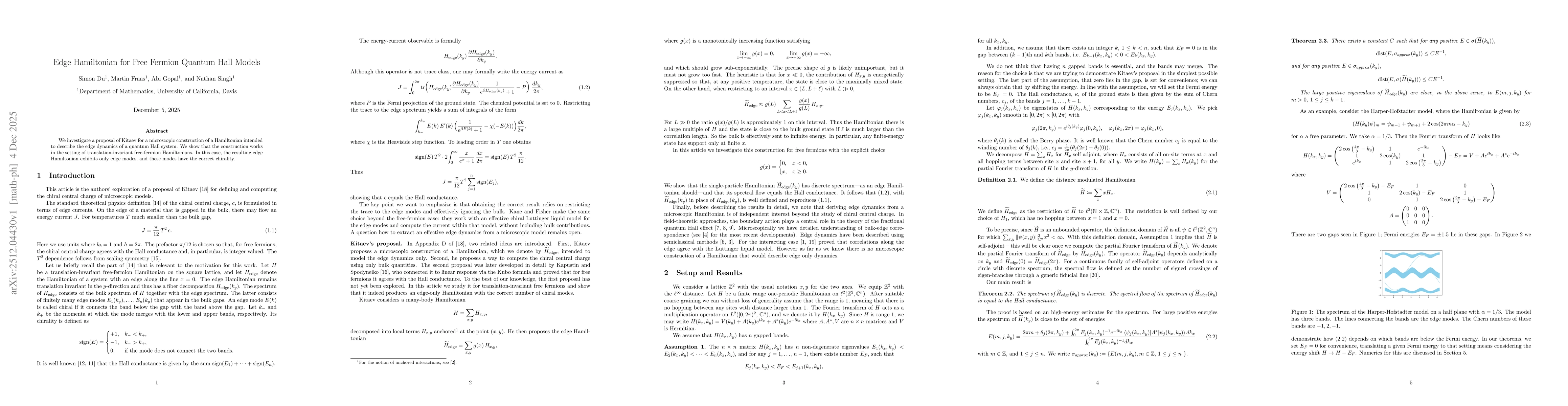 Thumbnail for Edge Hamiltonian for Free Fermion Quantum Hall Models