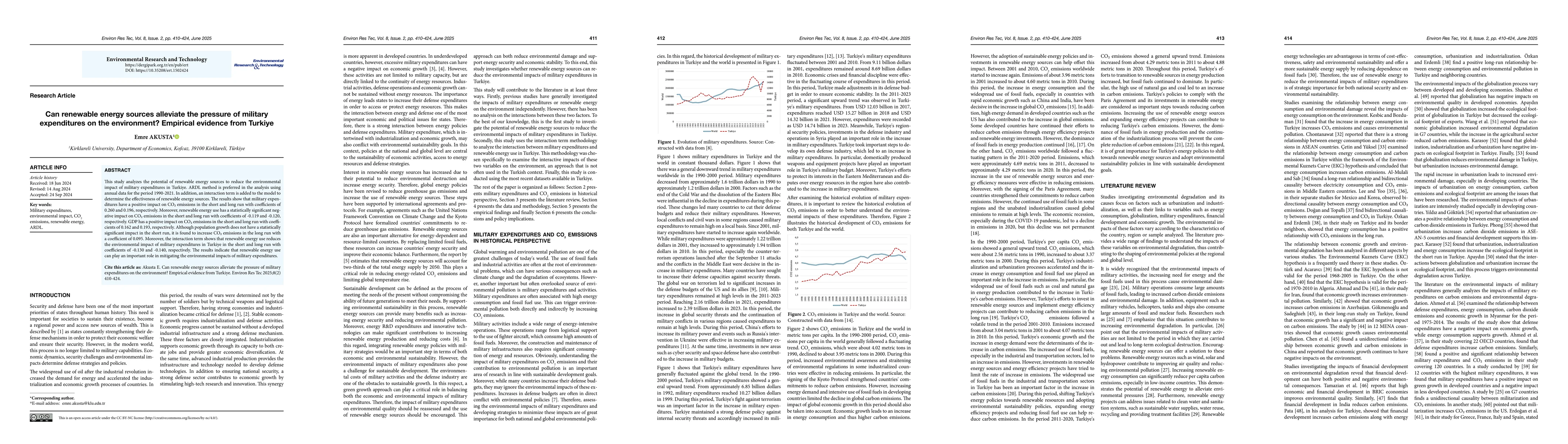Thumbnail for Can Renewable Energy Sources Alleviate the Pressure of Military Expenditures on the Environment? Empirical Evidence from Turkiye