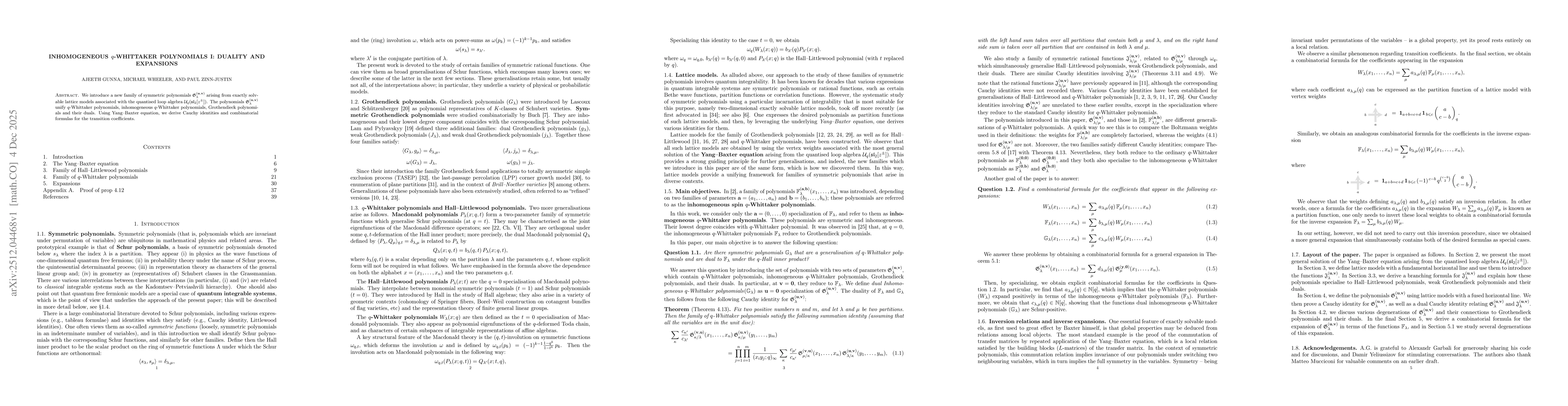 Thumbnail for Inhomogeneous $q$-Whittaker Polynomials I: Duality and Expansions