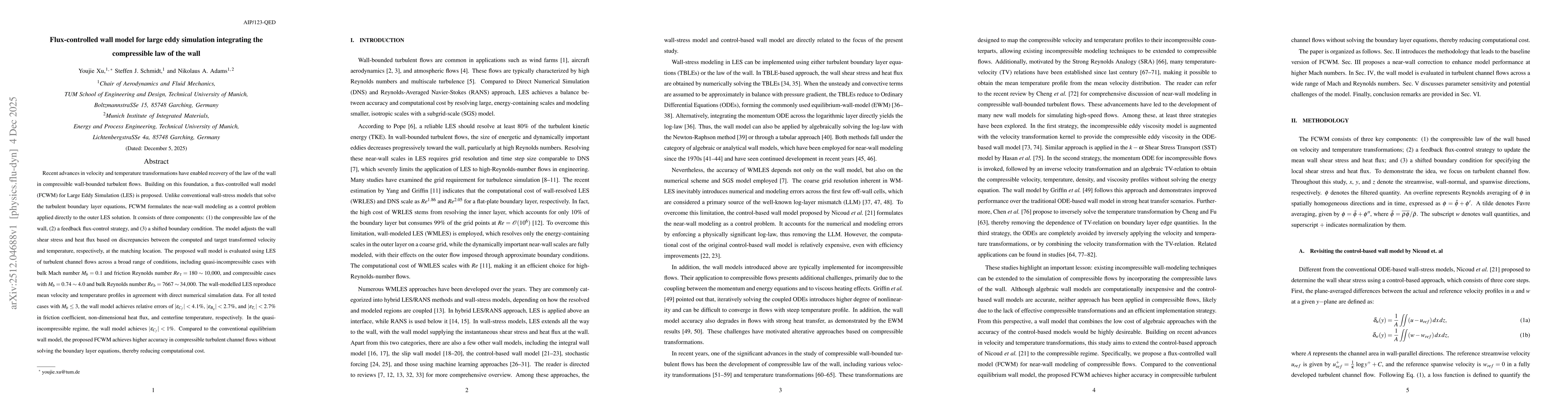 Thumbnail for Flux-controlled wall model for large eddy simulation integrating the compressible law of the wall