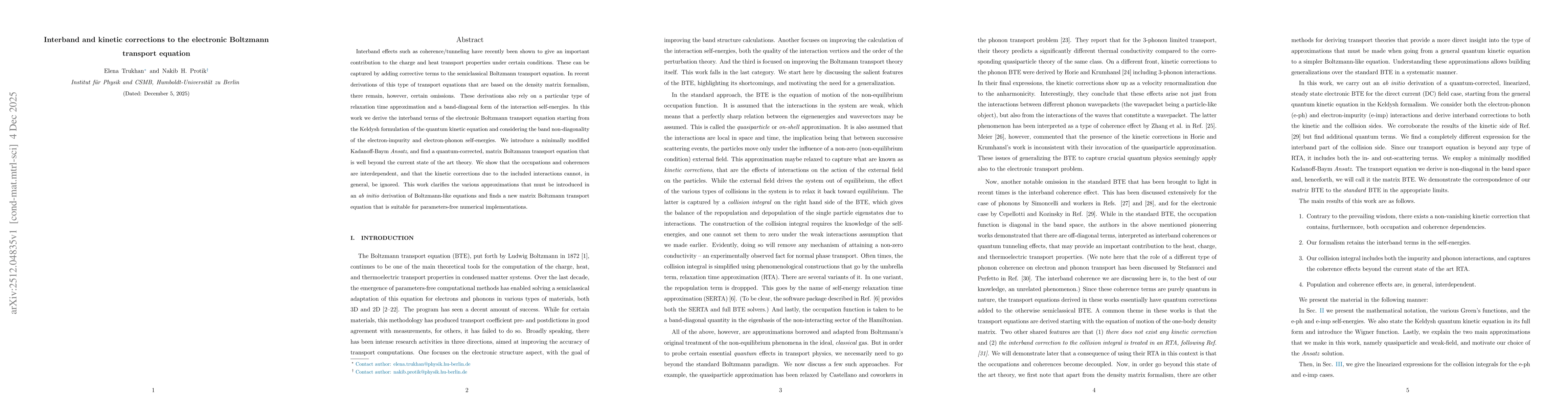 Thumbnail for Interband and kinetic corrections to the electronic Boltzmann transport equation