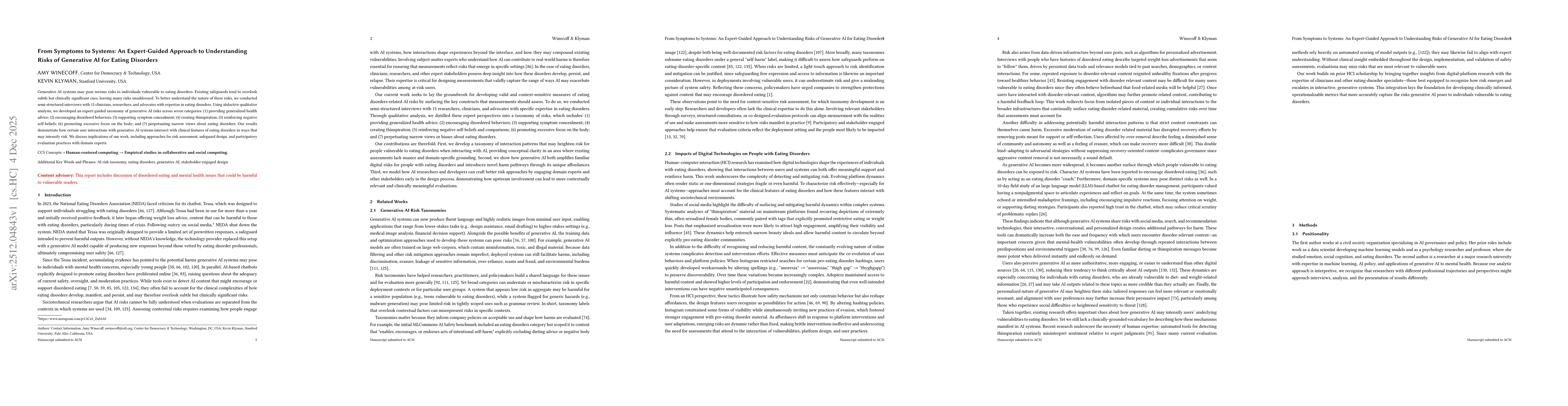 Thumbnail for From Symptoms to Systems: An Expert-Guided Approach to Understanding Risks of Generative AI for Eating Disorders