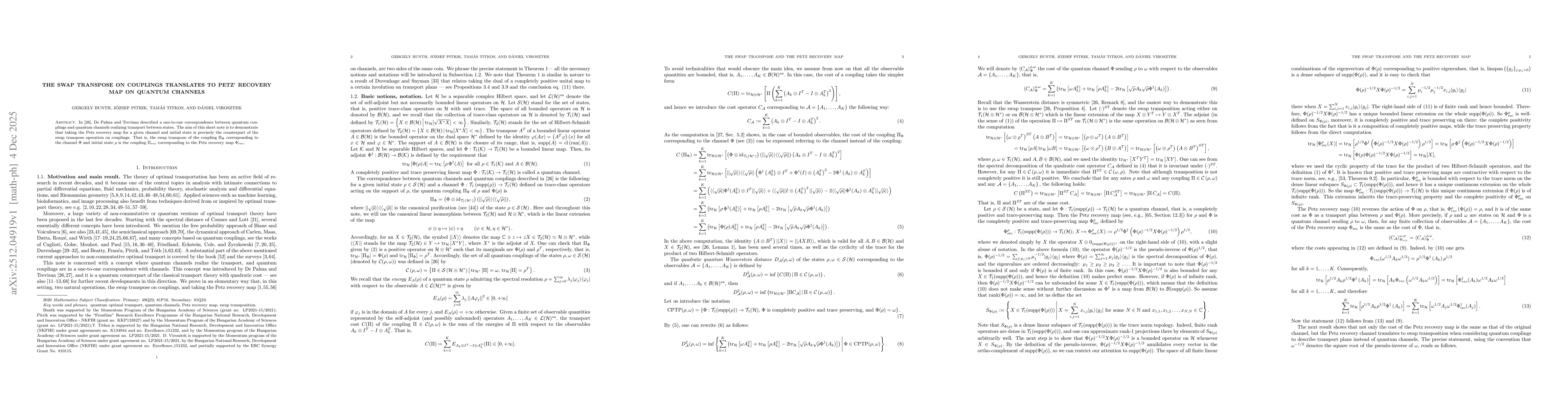 Thumbnail for The swap transpose on couplings translates to Petz' recovery map on quantum channels