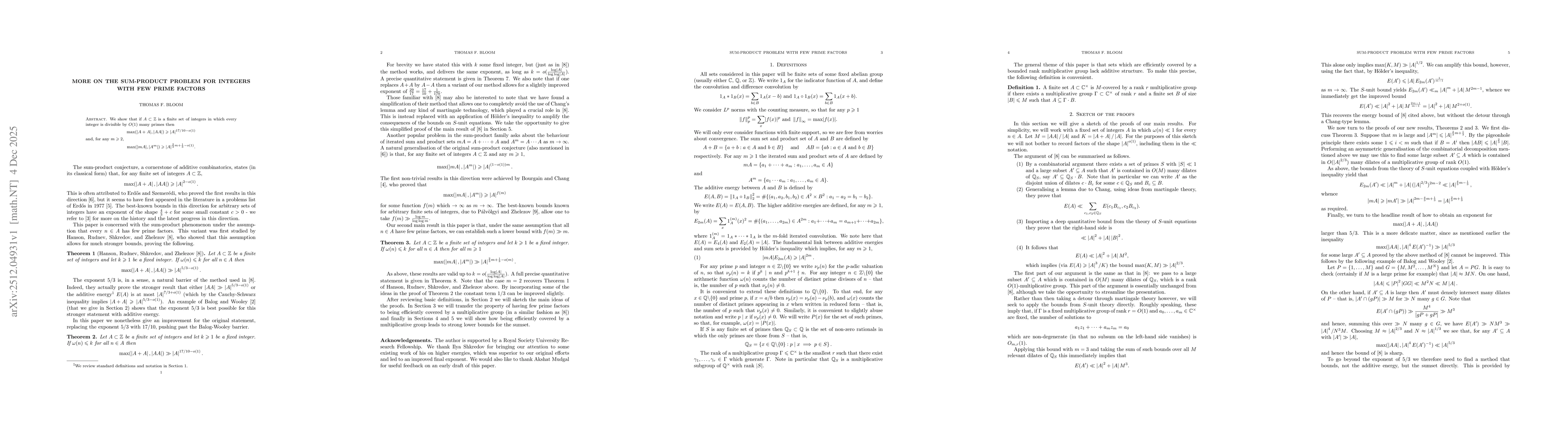 Thumbnail for More on the sum-product problem for integers with few prime factors