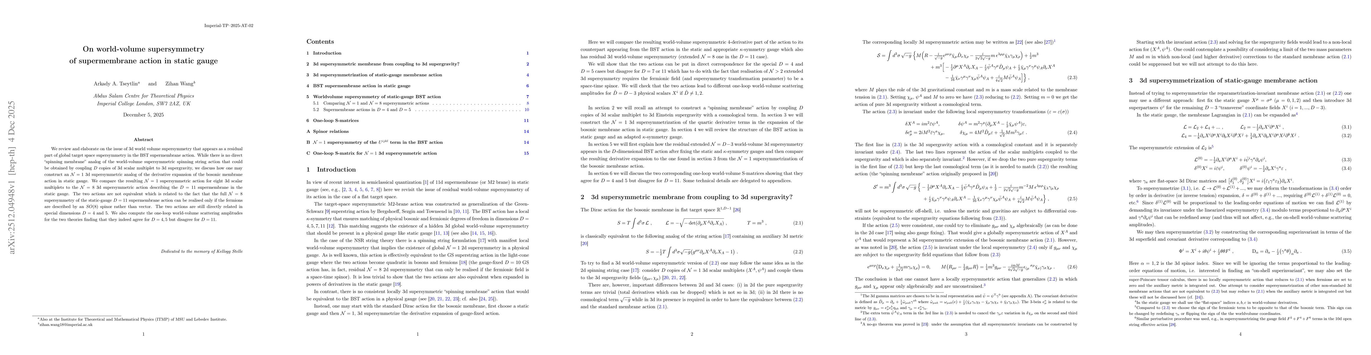 Thumbnail for On world-volume supersymmetry of supermembrane action in static gauge
