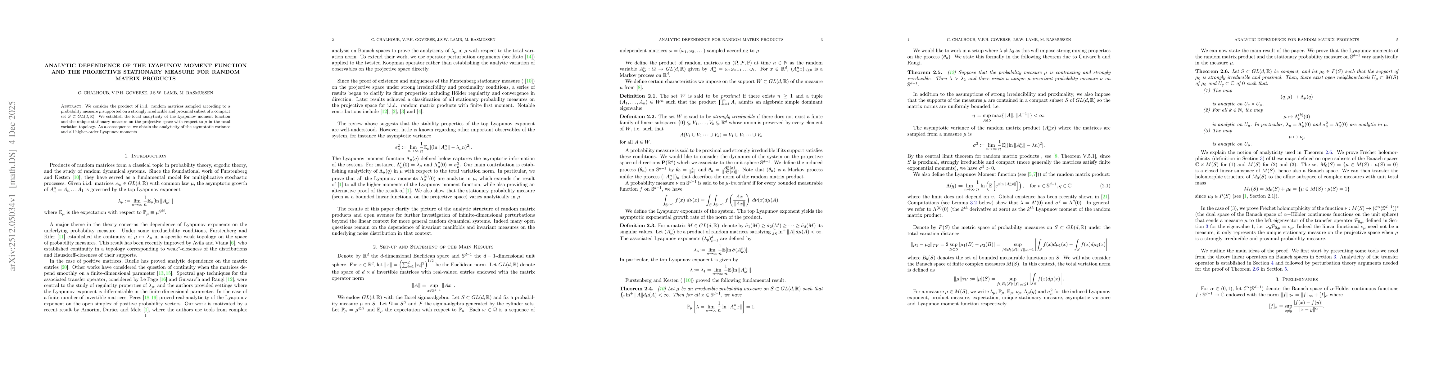 Thumbnail for Analytic Dependence of the Lyapunov Moment Function and the Projective Stationary Measure for Random Matrix Products
