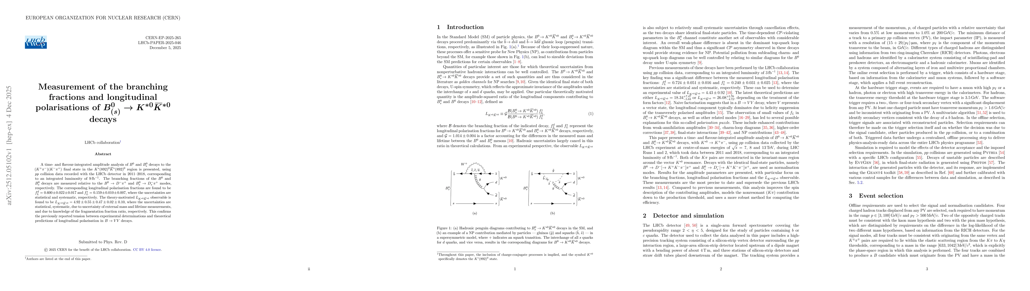 Thumbnail for Measurement of the branching fractions and longitudinal polarisations of $B^0_{(s)} \to K^{*0} \kern 0.18em \overline{\kern -0.18em K}{}^{*0}$ decays