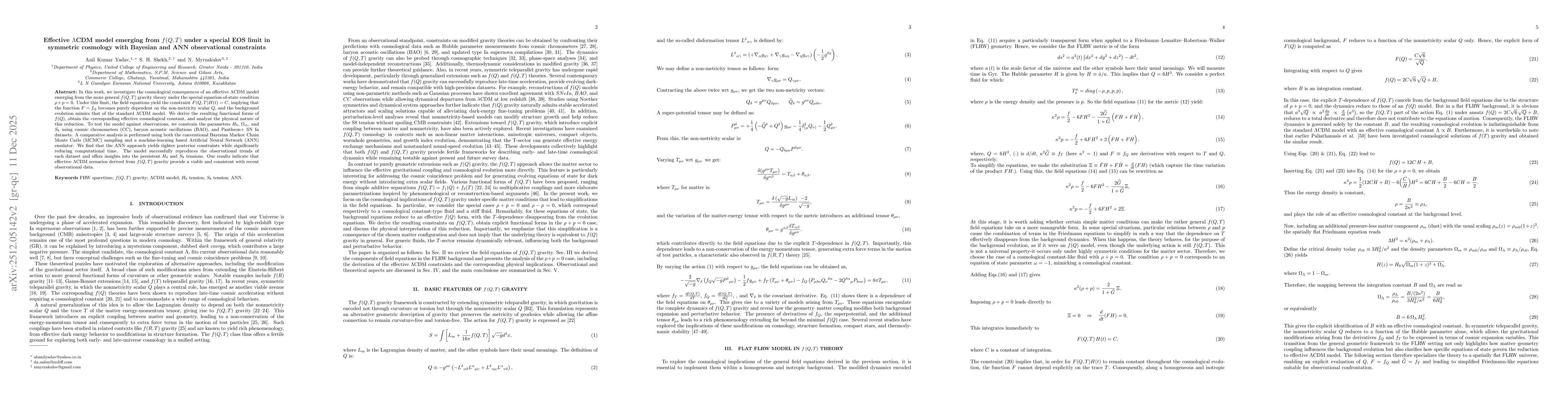 Thumbnail for Effective $f(Q)$ model emerging from $f(Q,T)$ under a special EOS limit in symmetric cosmology with Bayesian and ANN observational constraints