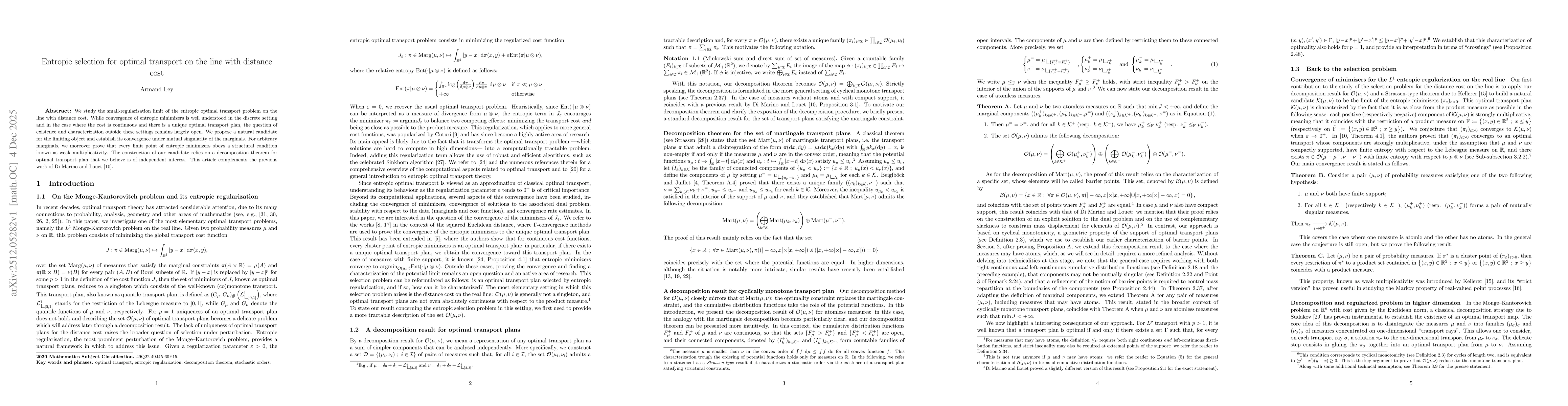 Thumbnail for Entropic selection for optimal transport on the line with distance cost