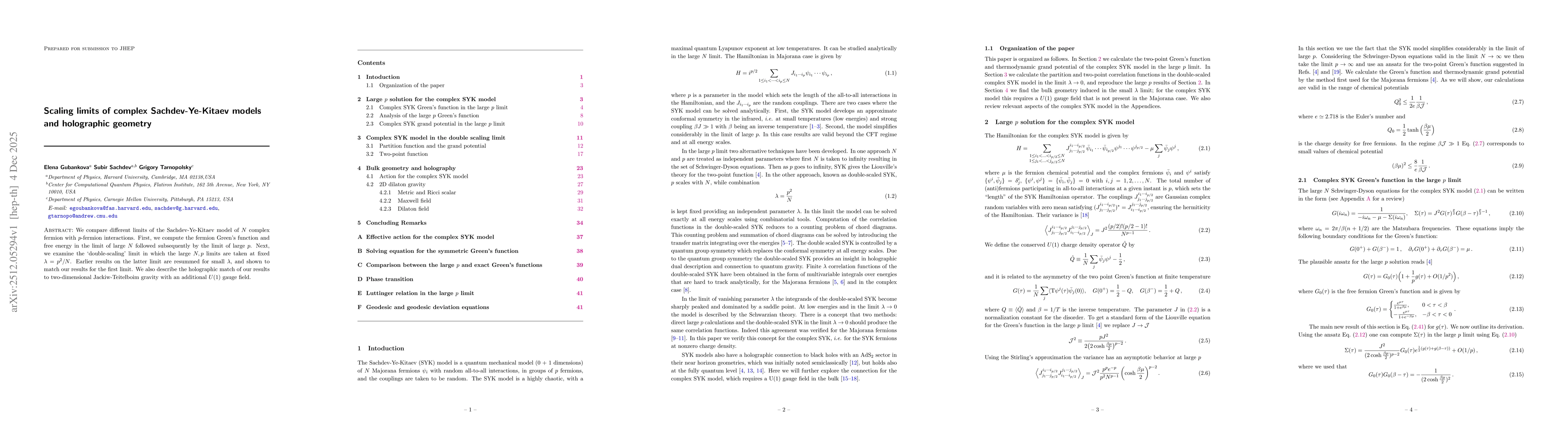 Thumbnail for Scaling limits of complex Sachdev-Ye-Kitaev models and holographic geometry