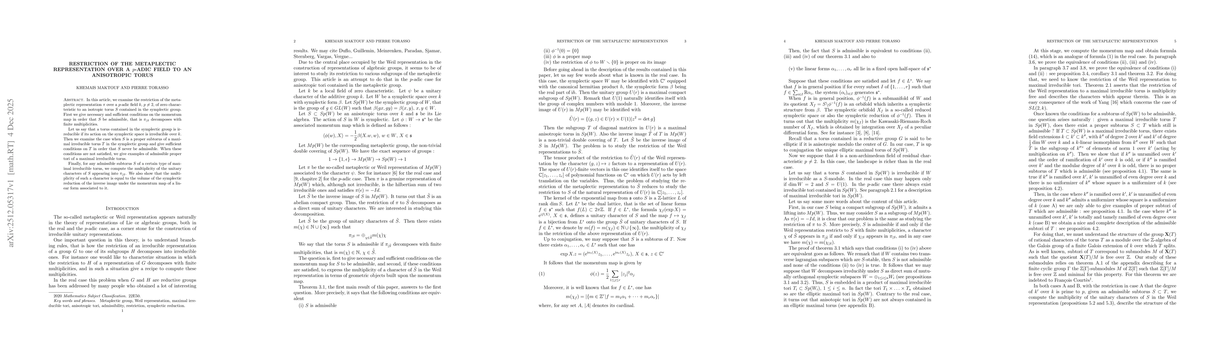 Thumbnail for Restriction of the metaplectic representation over a $p$-adic field to an anisotropic torus