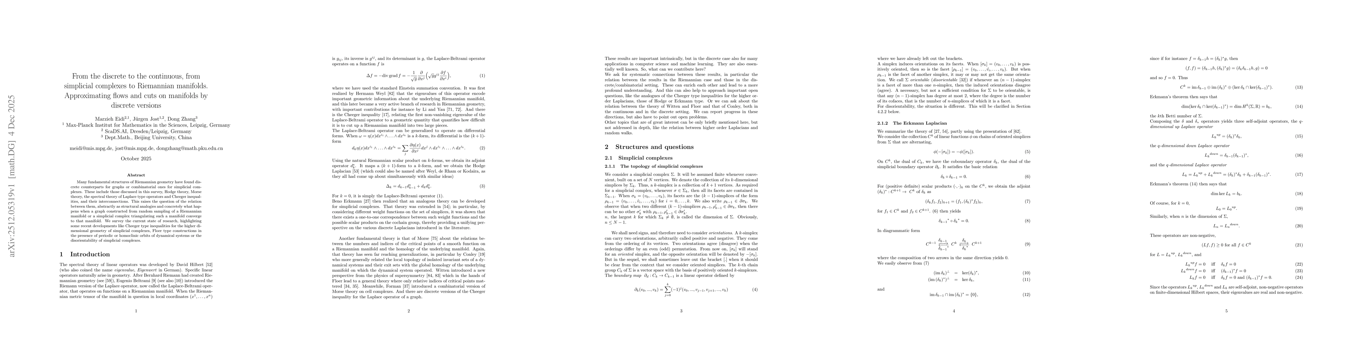 Thumbnail for From the discrete to the continuous, from simplicial complexes to Riemannian manifolds. Approximating flows and cuts on manifolds by discrete versions